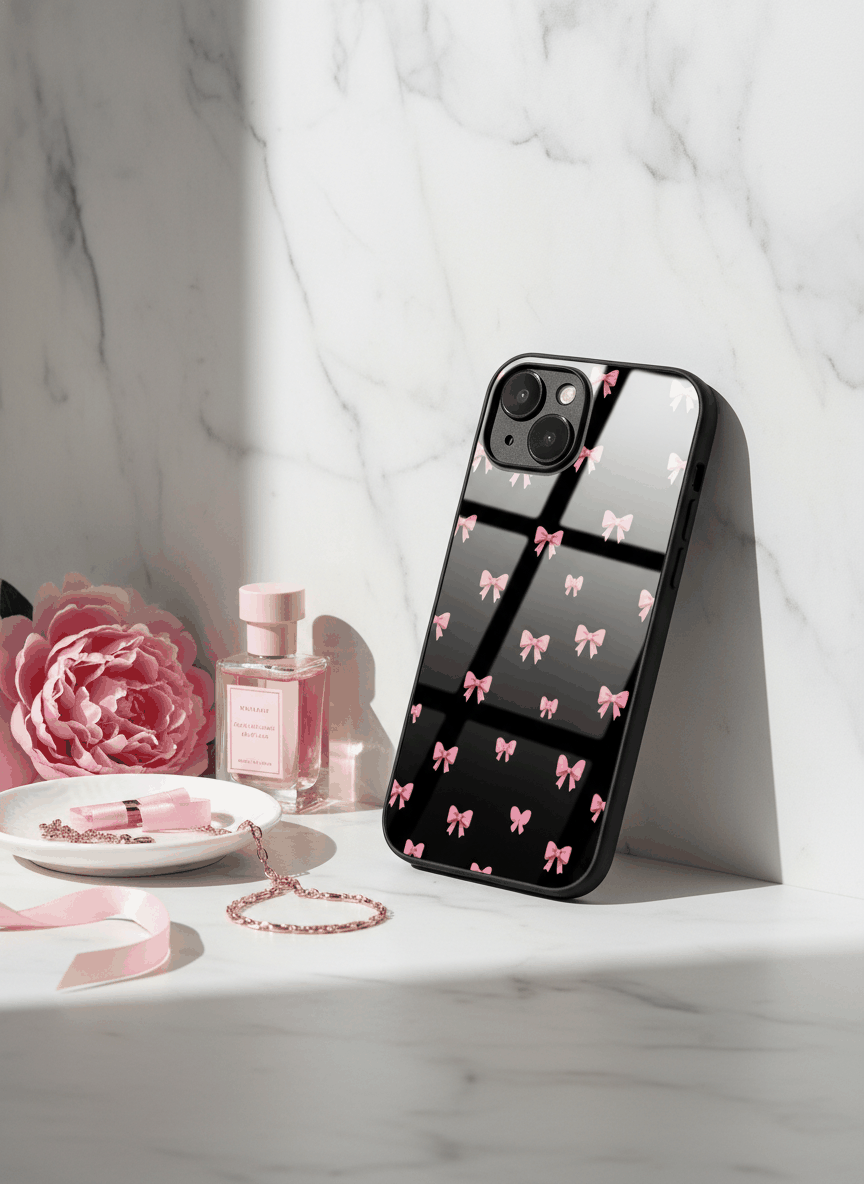 Dark Aesthetic Bows Premium Glass Back Cover For iPhone 11,12,13,14,15,16.17 Models The Case & Co