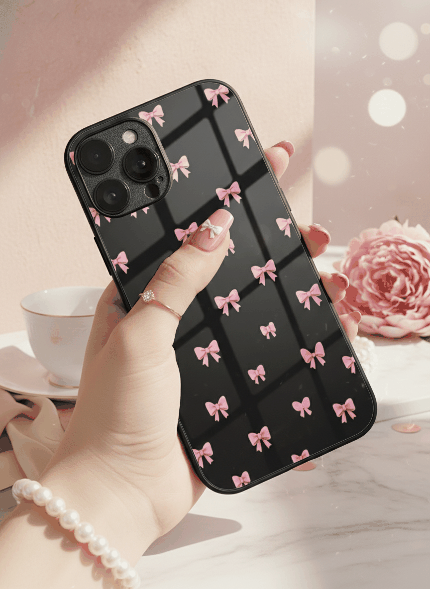 Dark Aesthetic Bows Premium Glass Back Cover For iPhone 11,12,13,14,15,16.17 Models The Case & Co