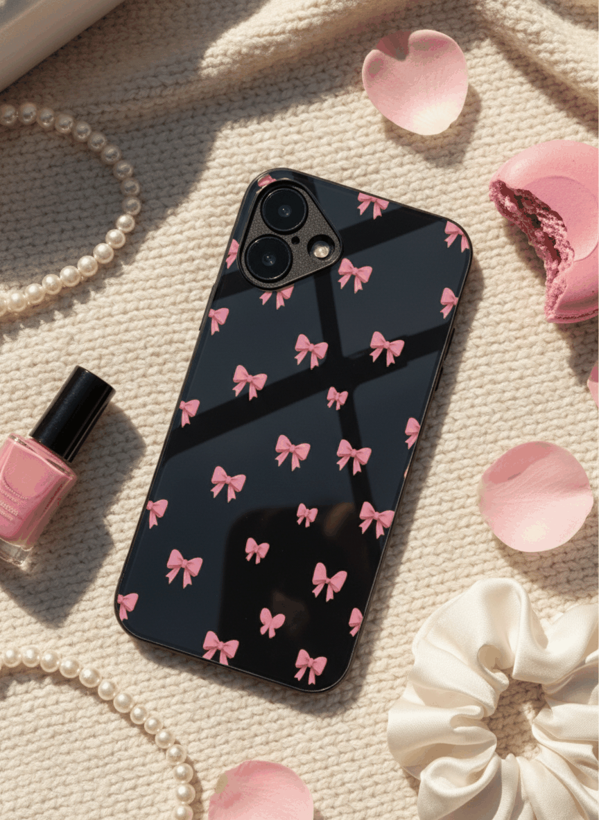 Dark Aesthetic Bows Premium Glass Back Cover For iPhone 11,12,13,14,15,16.17 Models The Case & Co