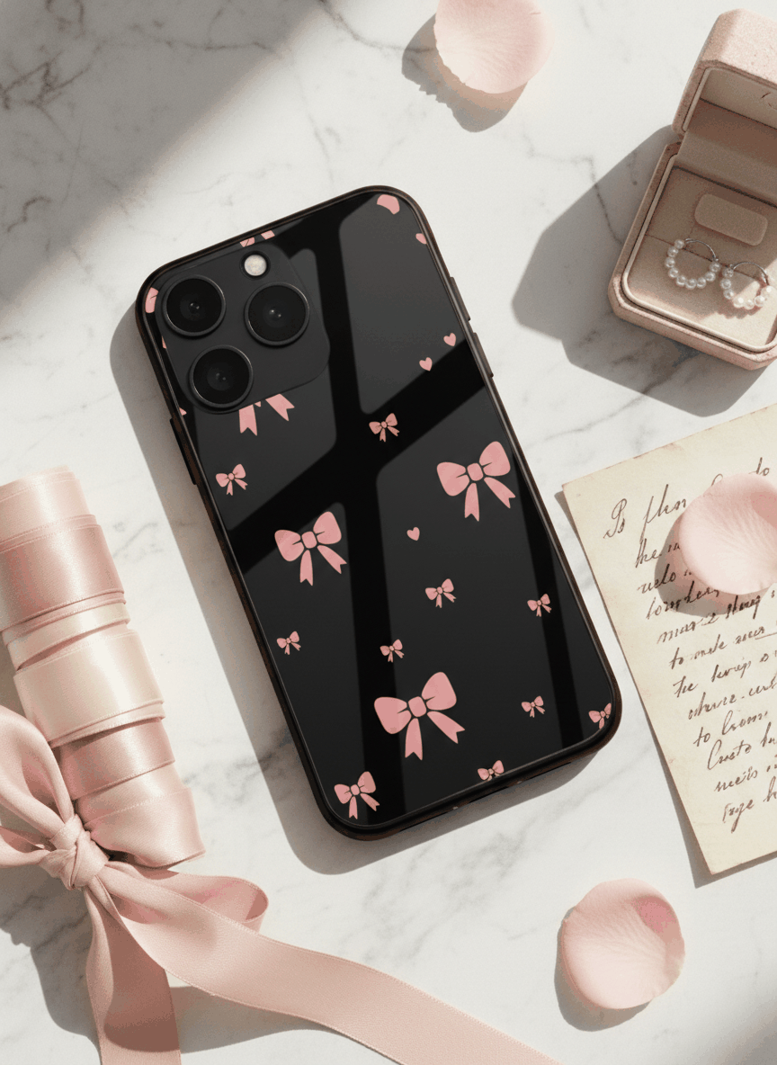 Dark Aesthetic Bows Premium Glass Back Cover For iPhone 11,12,13,14,15,16.17 Models The Case & Co