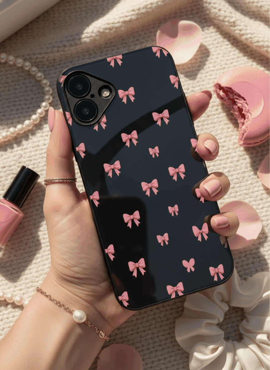 Dark Aesthetic Bows Premium Glass Back Cover For iPhone 11,12,13,14,15,16.17 Models The Case & Co