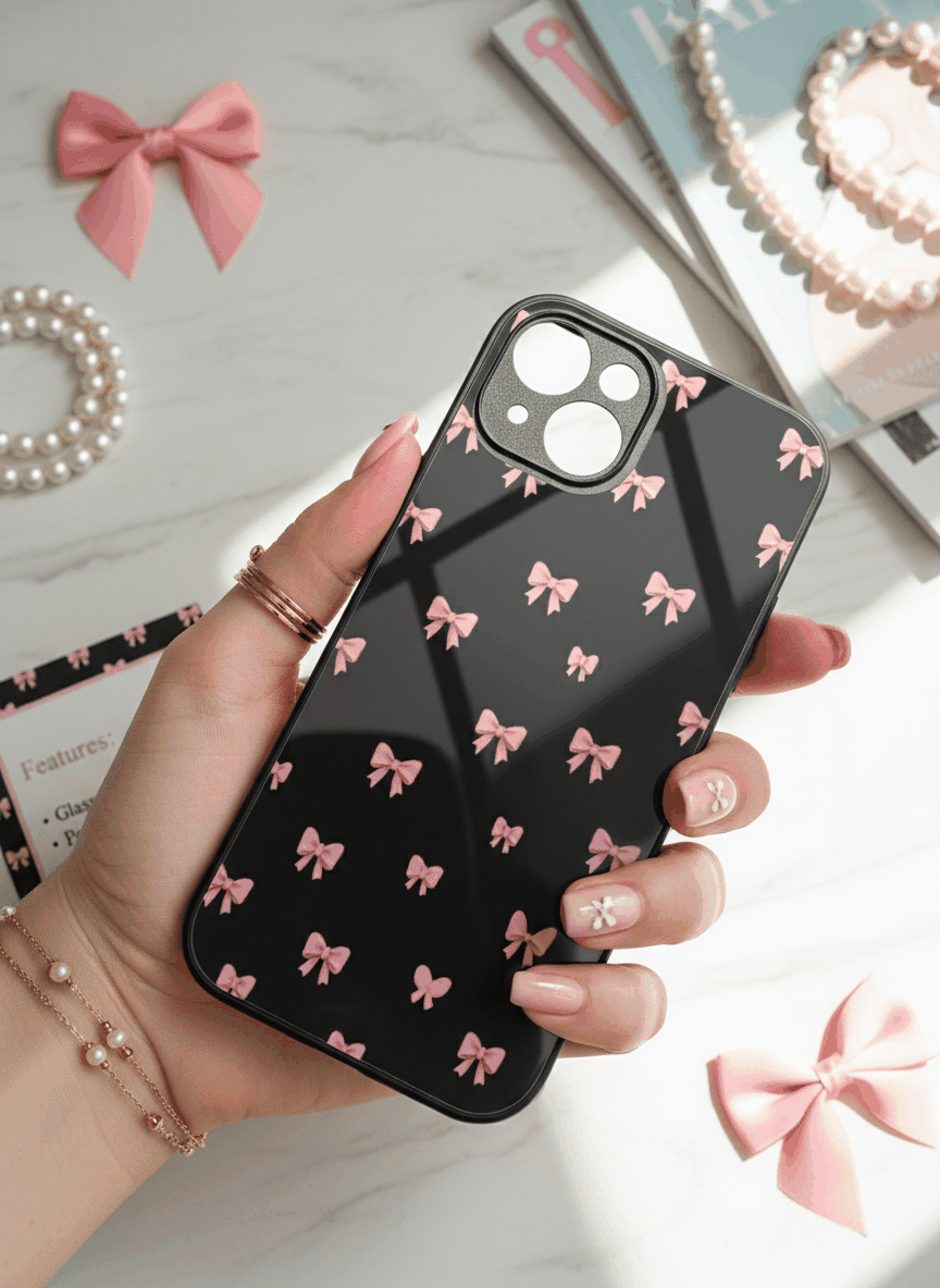 Dark Aesthetic Bows Premium Glass Back Cover For iPhone 11,12,13,14,15,16.17 Models The Case & Co