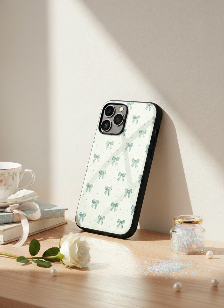 Aesthetic Green Bows Premium Glass Back Cover For iPhone 11-17 Models