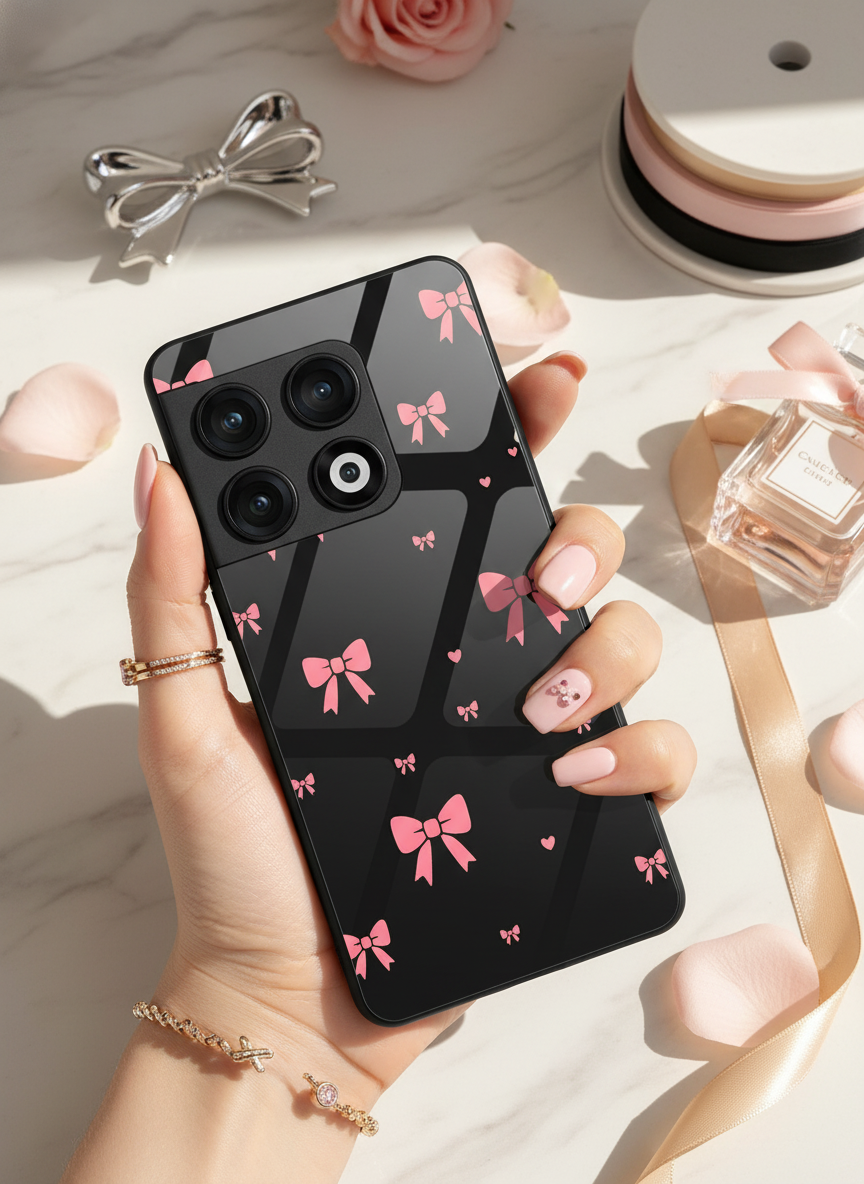 Glam Bow Premium Glass Back Cover For One Plus 13, 12, 11, 10 The Case & Co India