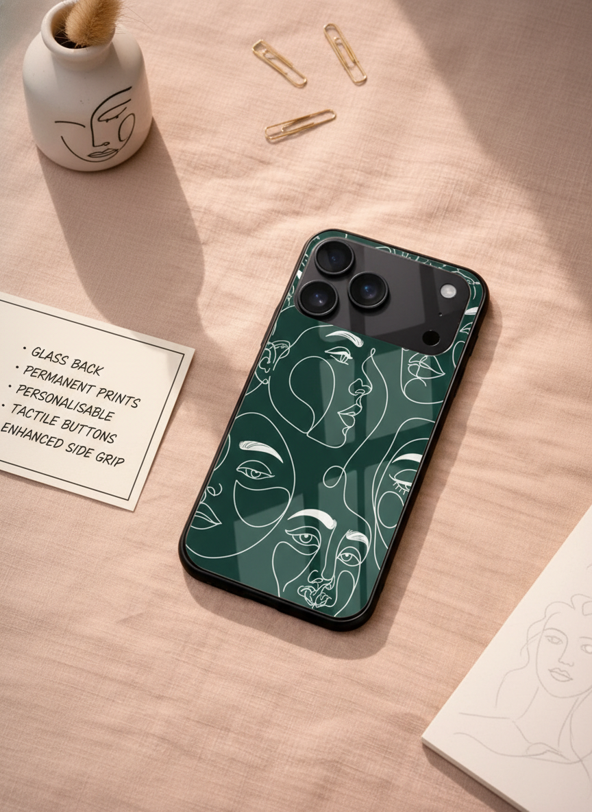 Line Art Lady  Premium Glass Back Cover For iPhone 14-17 Models The Case & Co India