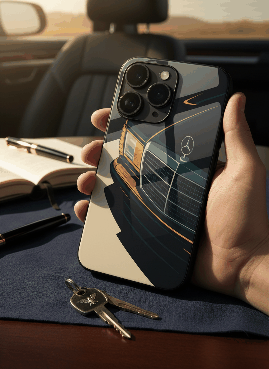 Minimal Car Sketch Glass Back Cover For iPhone 11-17 The Case & Co