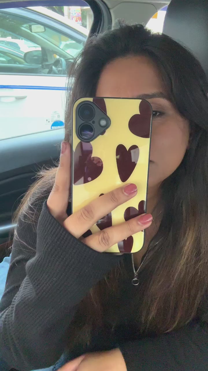 Chocolate Hearts Mono Frame Glass Back Cover For iPhone 14-17 Models