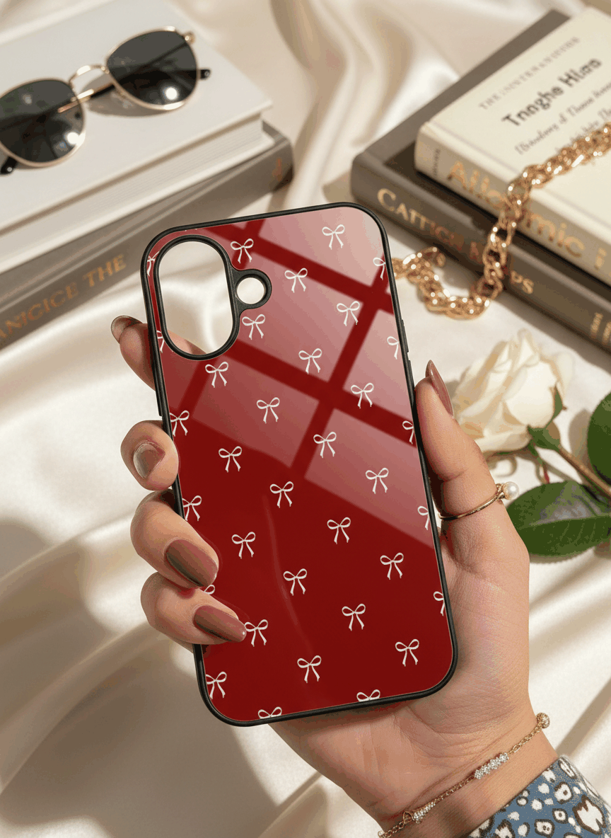 Red Bow Beaut Premium Glass Back Cover For iPhone 14-17 Models The Case & Co India