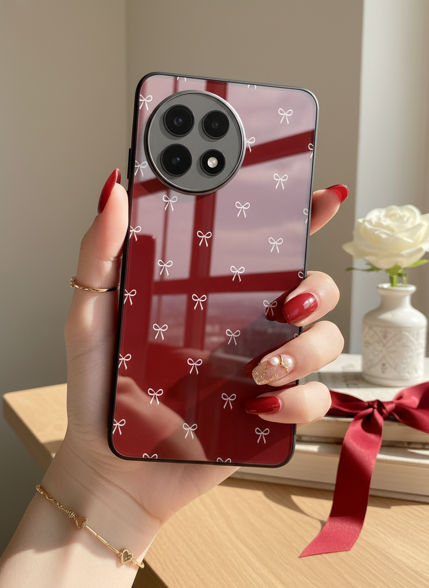 Red Bow Beaut Premium Glass Back Cover For One Plus 13, 12, 11, 10 The Case & Co India