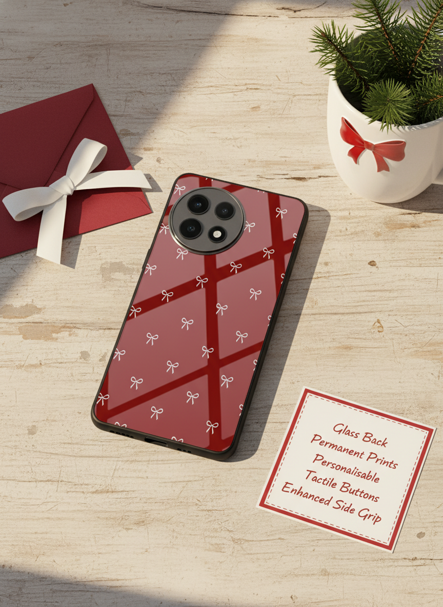 Red Bow Beaut Premium Glass Back Cover For One Plus 13, 12, 11, 10 The Case & Co India