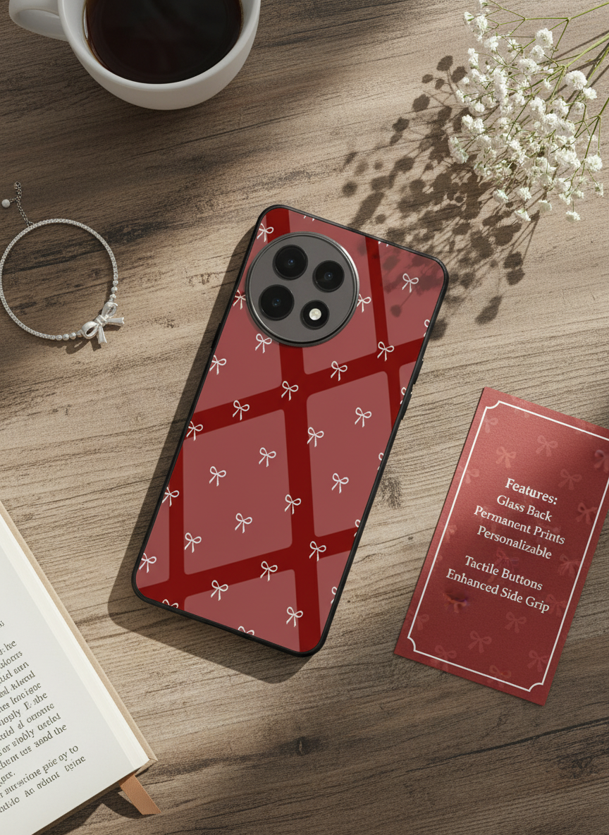 Red Bow Beaut Premium Glass Back Cover For One Plus 13, 12, 11, 10 The Case & Co India