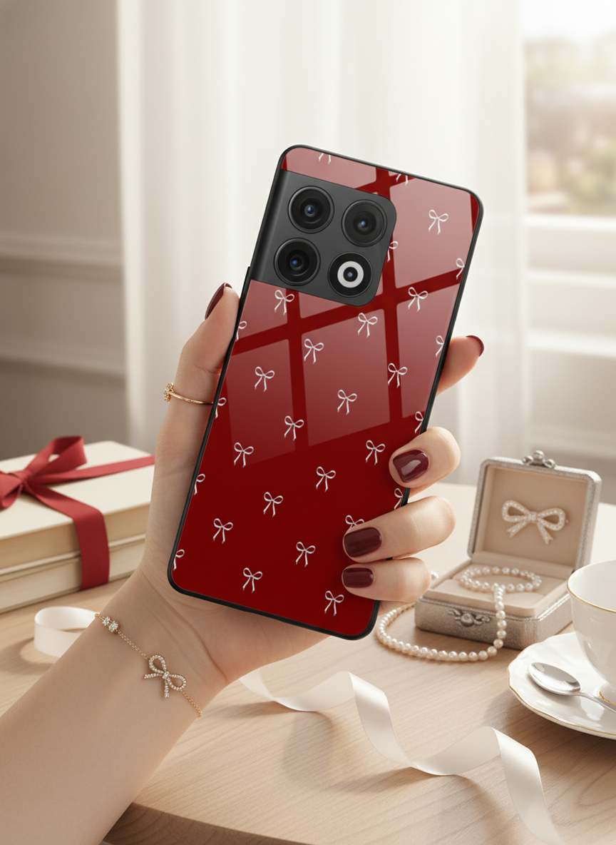 Red Bow Beaut Premium Glass Back Cover For One Plus 13, 12, 11, 10 The Case & Co India