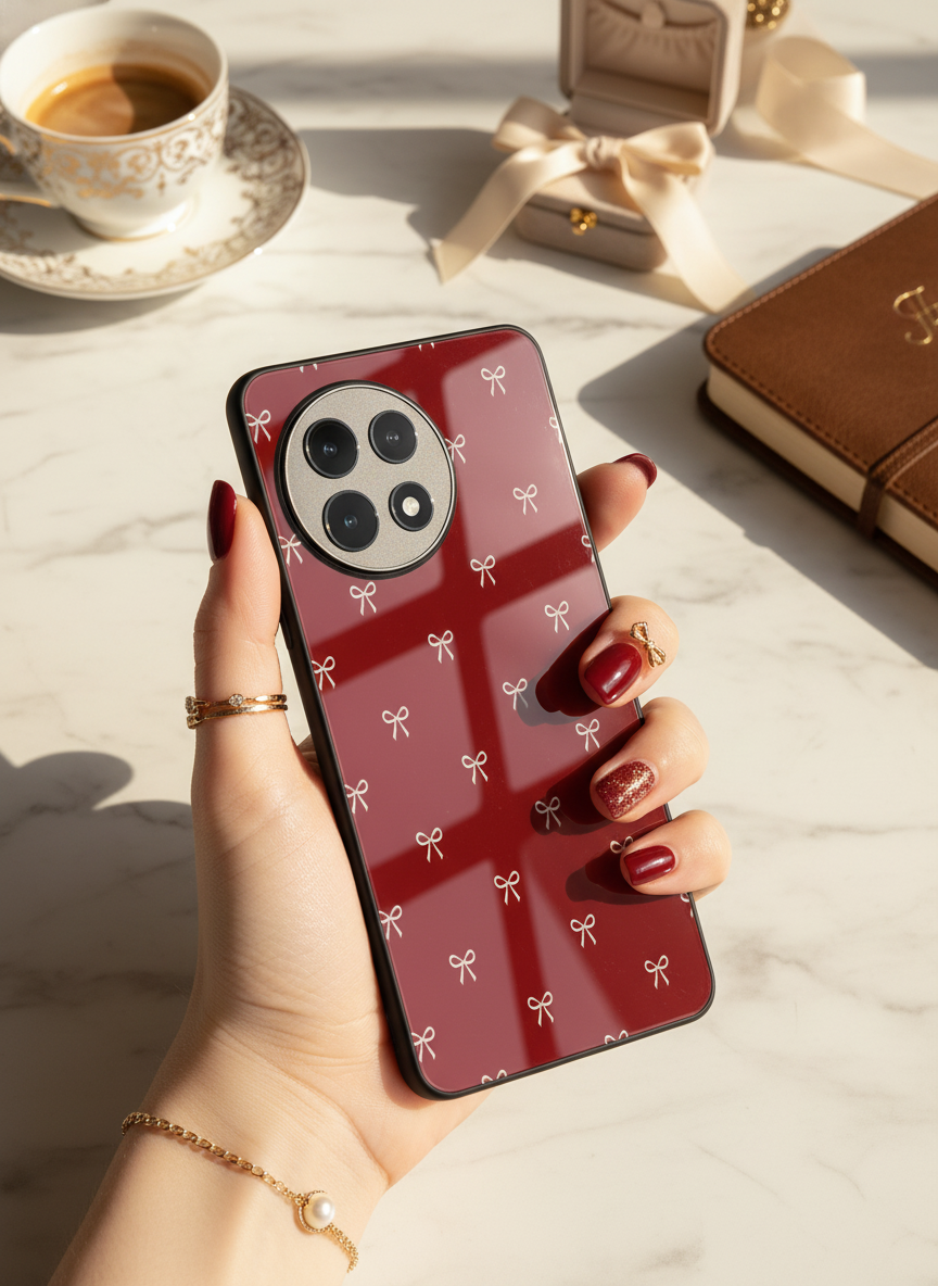 Red Bow Beaut Premium Glass Back Cover For One Plus 13, 12, 11, 10 The Case & Co India