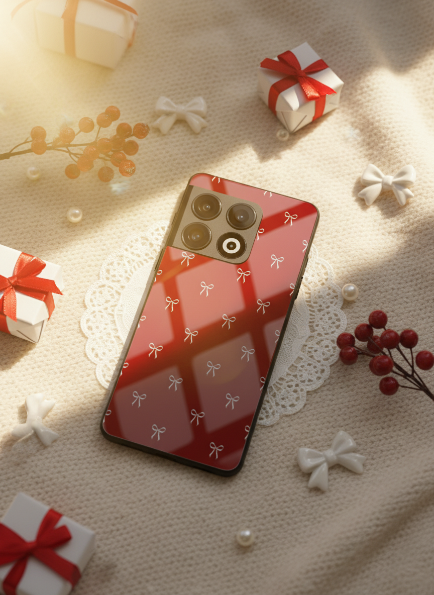 Red Bow Beaut Premium Glass Back Cover For One Plus 13, 12, 11, 10 The Case & Co India