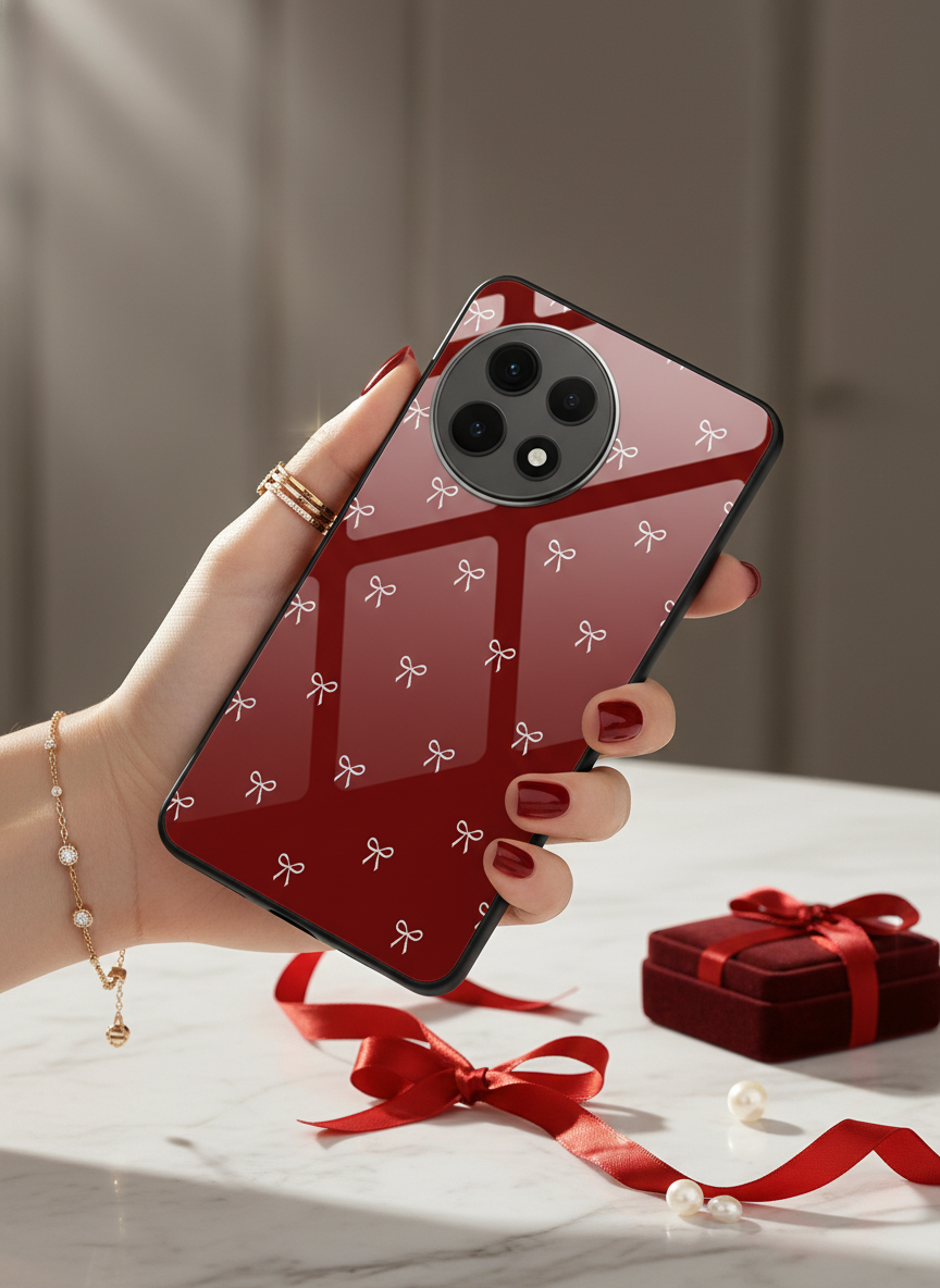 Red Bow Beaut Premium Glass Back Cover For One Plus 13, 12, 11, 10 The Case & Co India