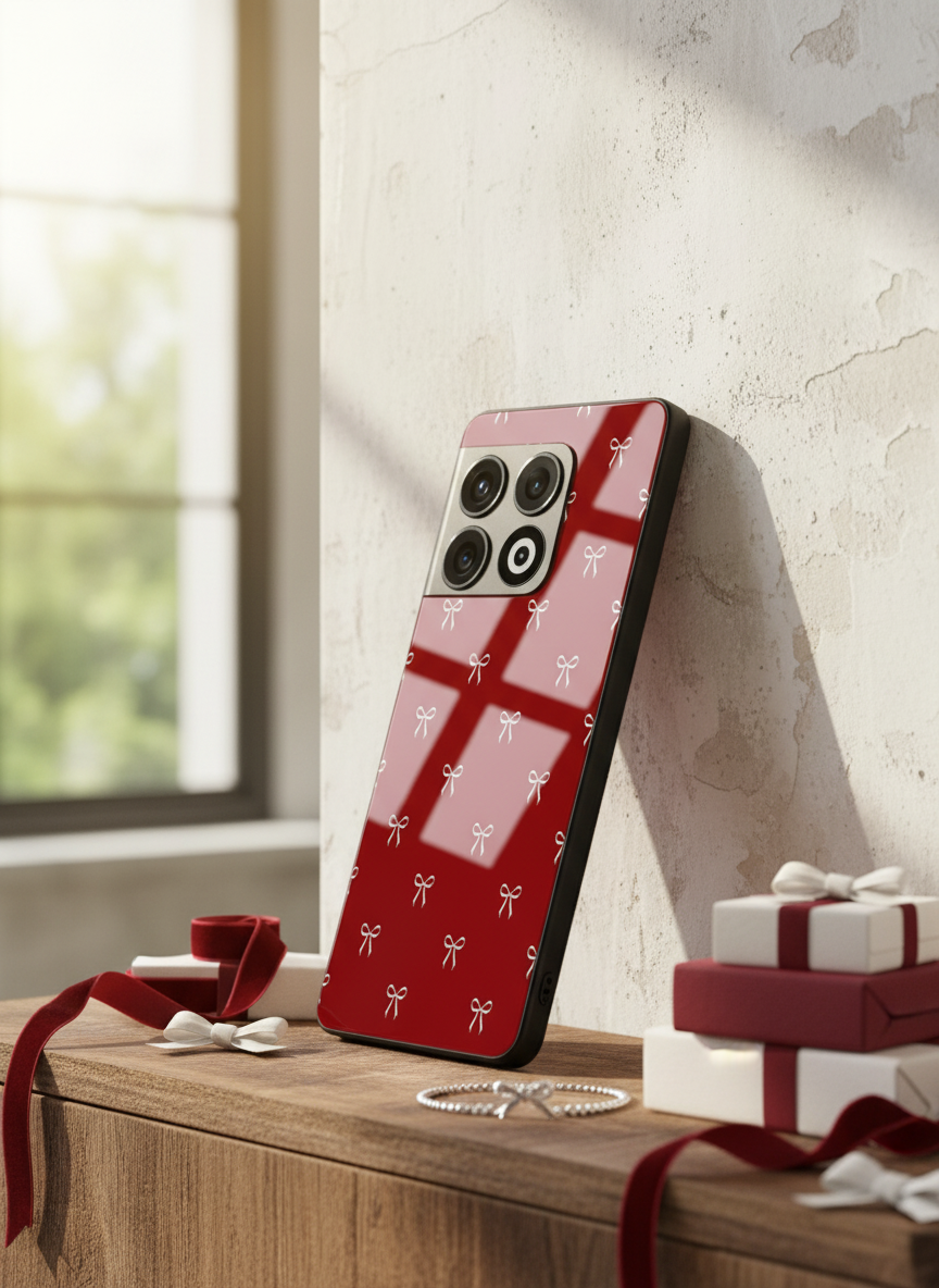 Red Bow Beaut Premium Glass Back Cover For One Plus 13, 12, 11, 10 The Case & Co India