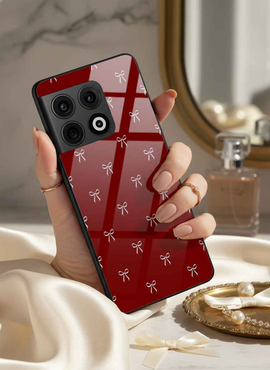 Red Bow Beaut Premium Glass Back Cover For One Plus 13, 12, 11, 10 The Case & Co India
