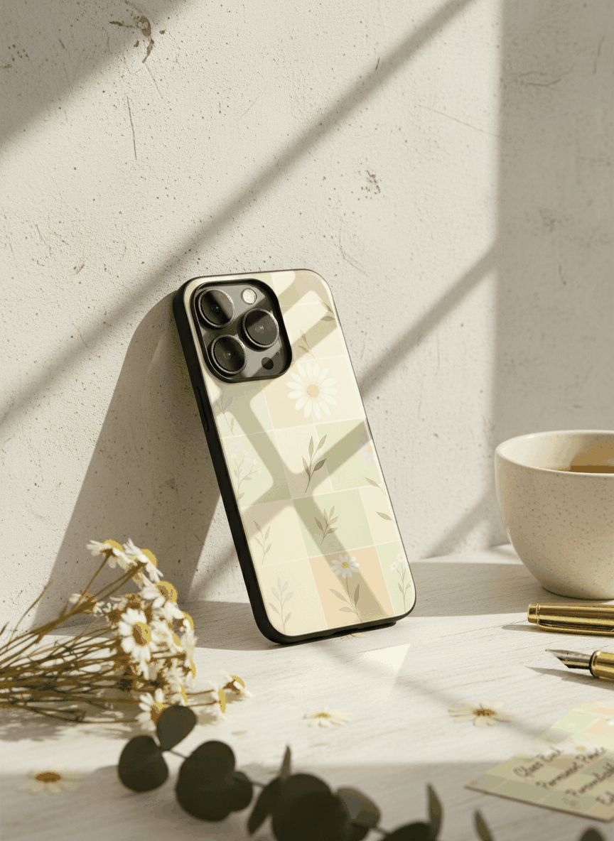 Sage Grid Pattern Premium Glass Back Cover For iPhone 11,12,13,14,15,16,17 Models The Case & Co