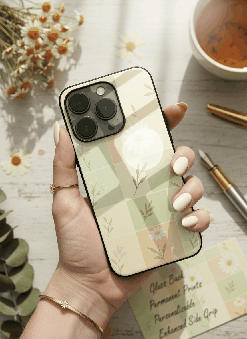 Sage Grid Pattern Premium Glass Back Cover For iPhone 11,12,13,14,15,16,17 Models The Case & Co