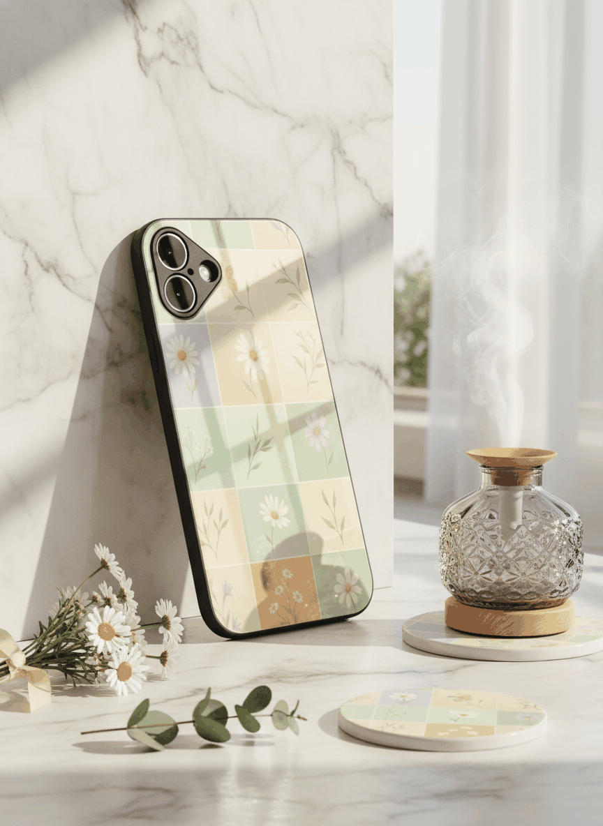 Sage Grid Pattern Premium Glass Back Cover For iPhone 11,12,13,14,15,16,17 Models The Case & Co