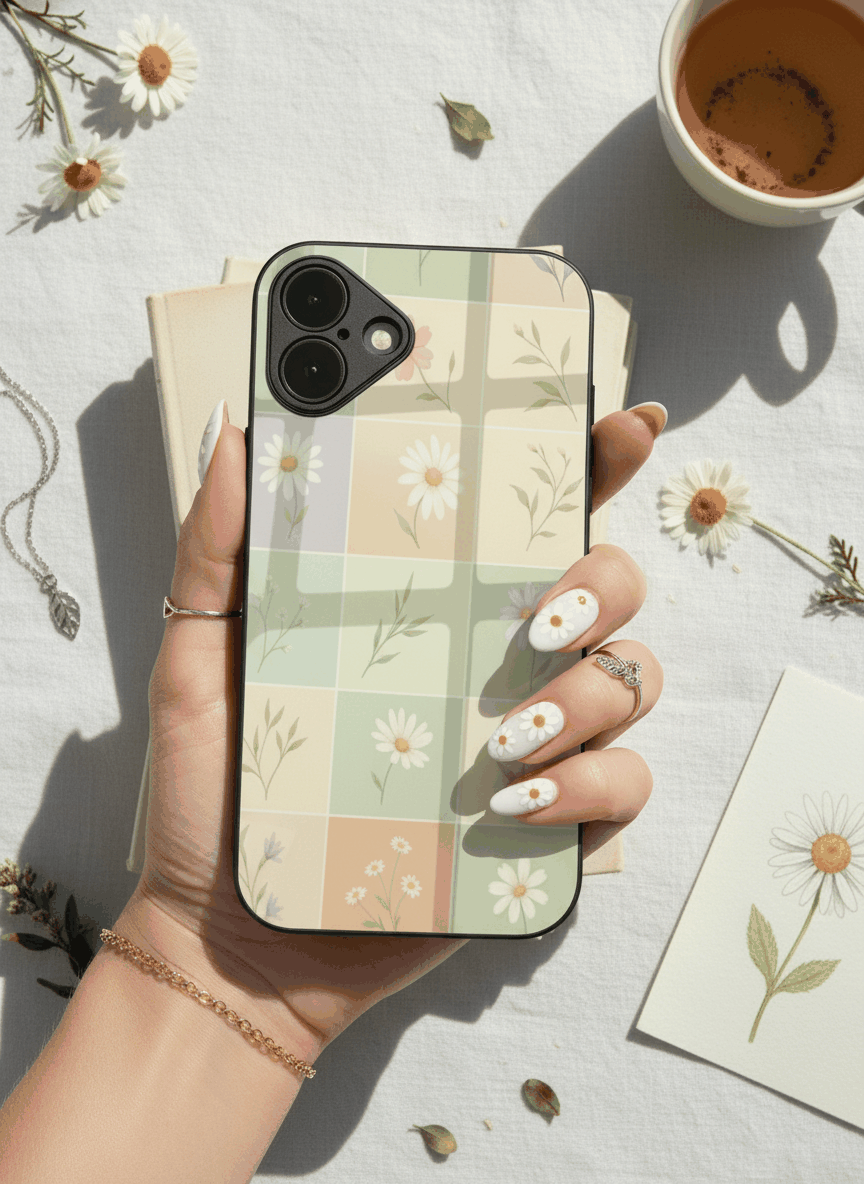 Sage Grid Pattern Premium Glass Back Cover For iPhone 14-17 Models The Case & Co India