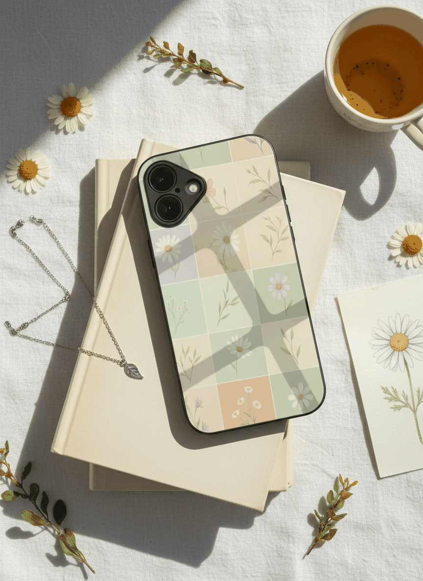 Sage Grid Pattern Premium Glass Back Cover For iPhone 14-17 Models The Case & Co India
