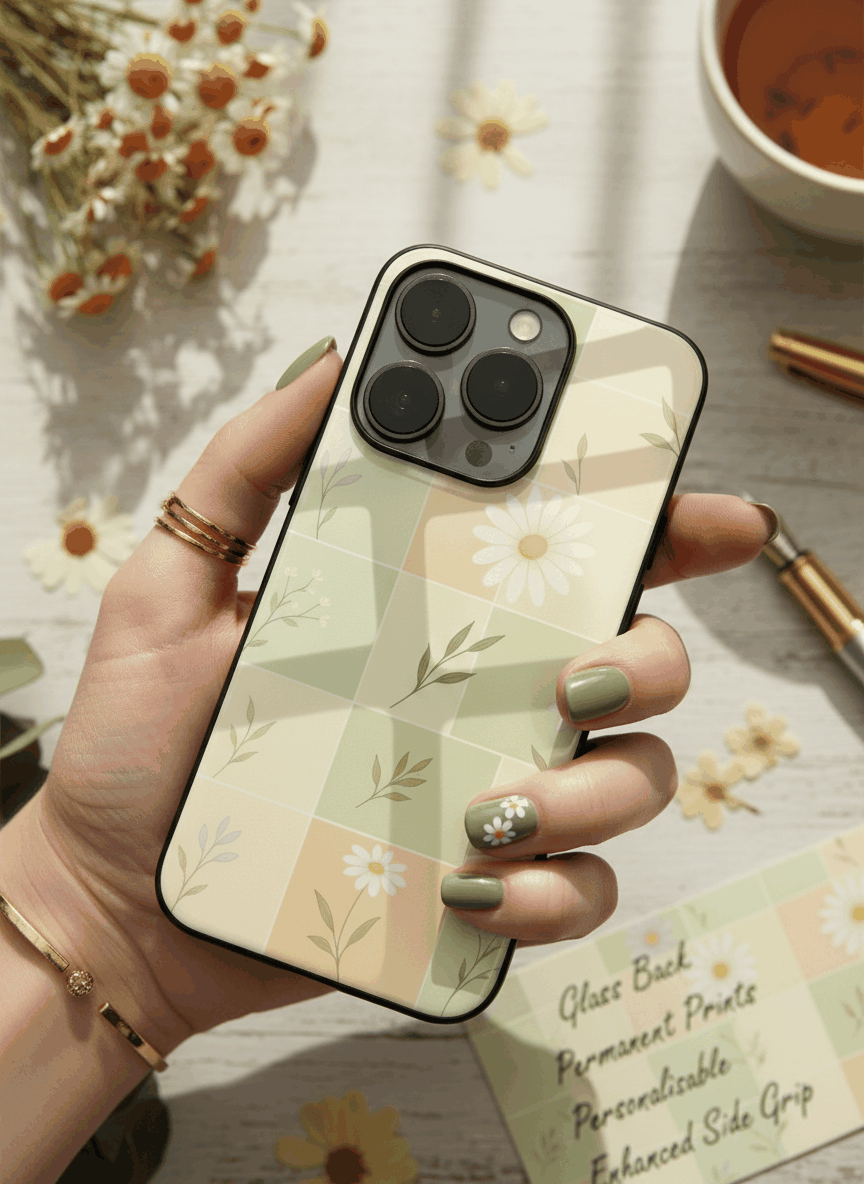 Sage Grid Pattern Premium Glass Back Cover For iPhone 14-17 Models The Case & Co India