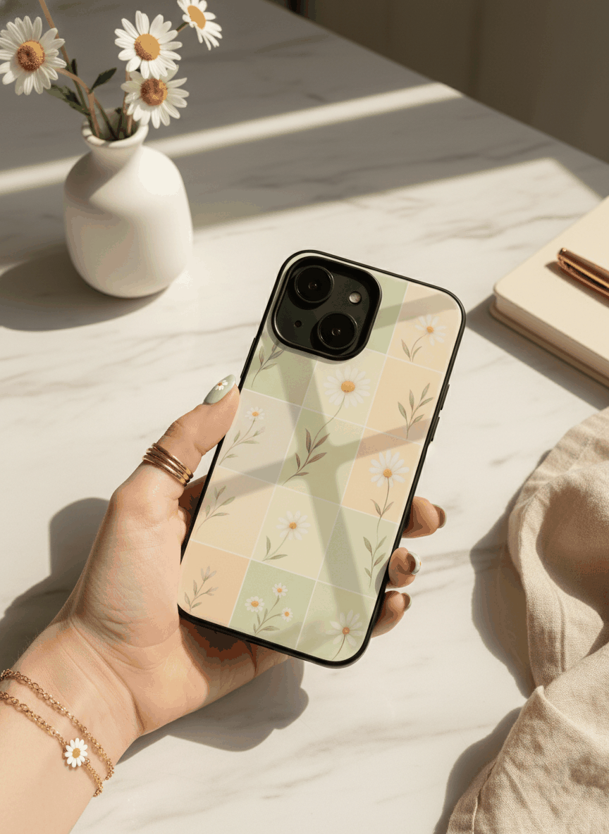 Sage Grid Pattern Premium Glass Back Cover For iPhone 14-17 Models The Case & Co India