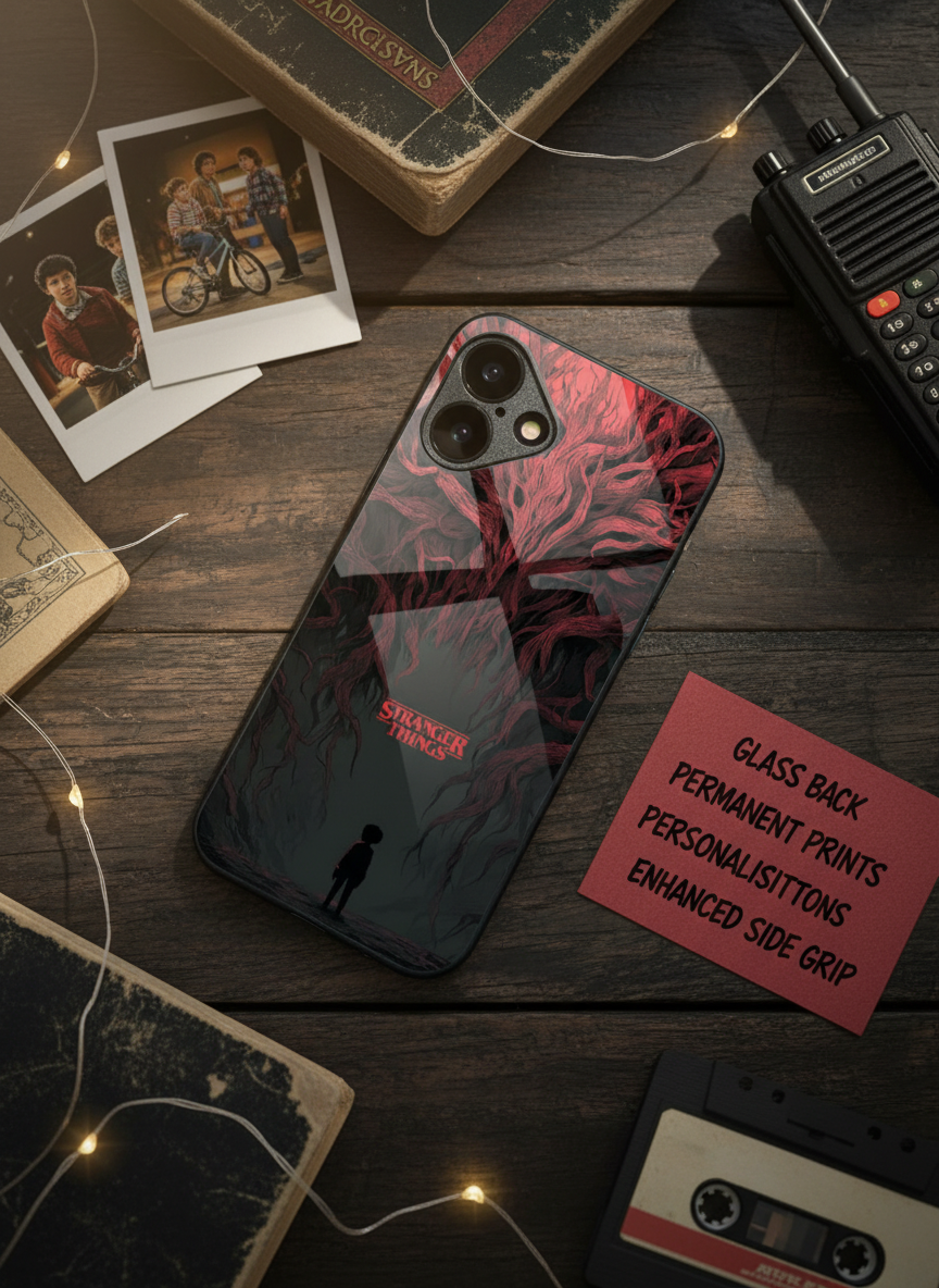 STRANGER THINGS- Stranger Dark Roots Premium Glass Back Cover For iPhone 14-17 Models The Case & Co India