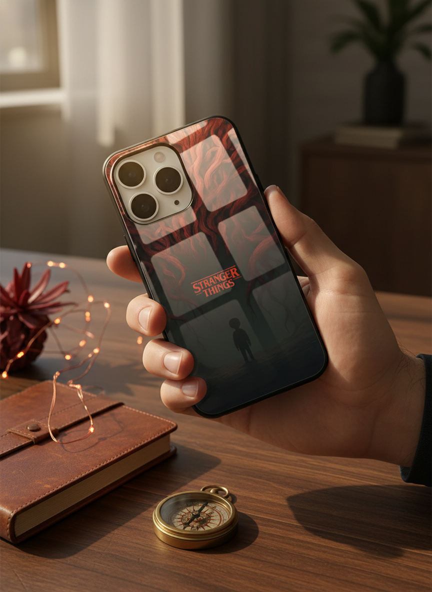 STRANGER THINGS- Stranger Dark Roots Premium Glass Back Cover For iPhone 14-17 Models The Case & Co India