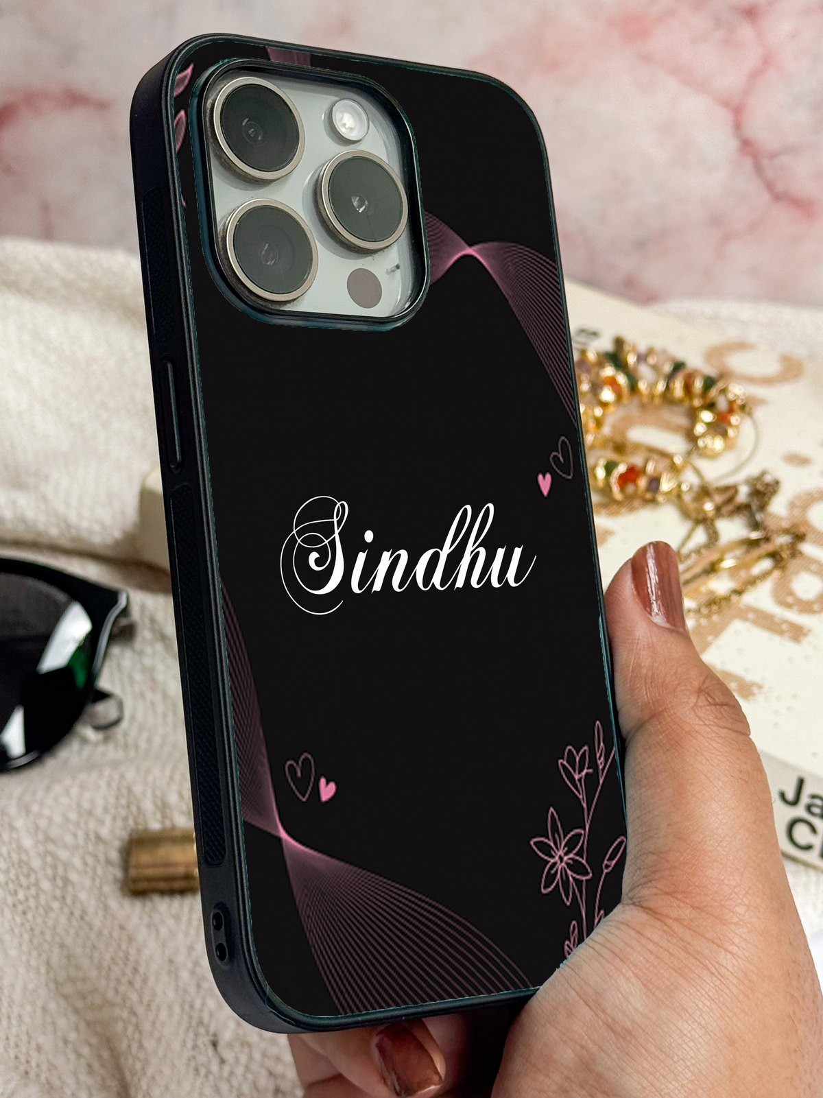 Velvet Bloom Personalised Name Premium Glass Back Cover For iPhone 14-17 Models The Case & Co India
