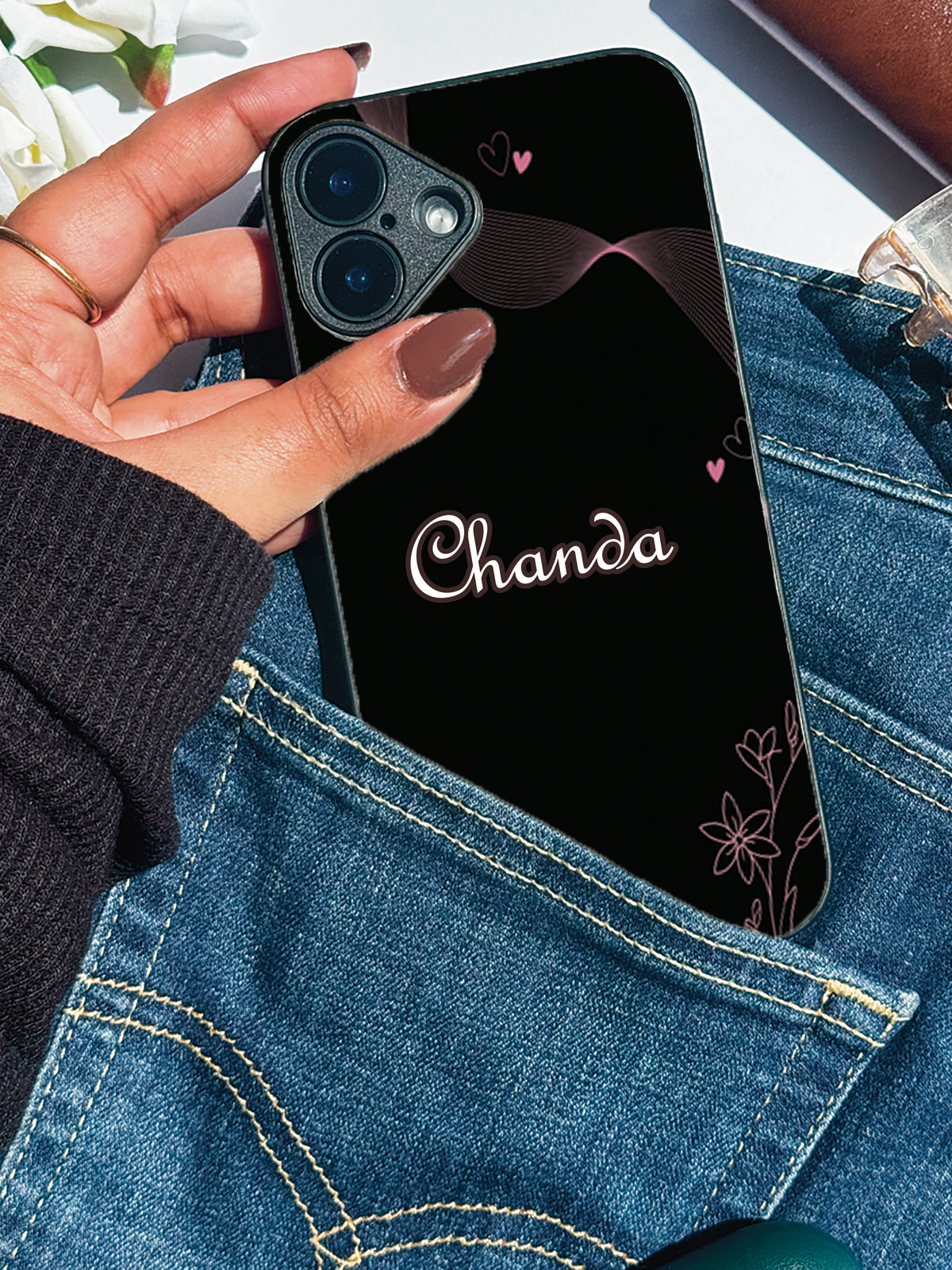 Velvet Bloom Personalised Name Premium Glass Back Cover For iPhone 14-17 Models The Case & Co India