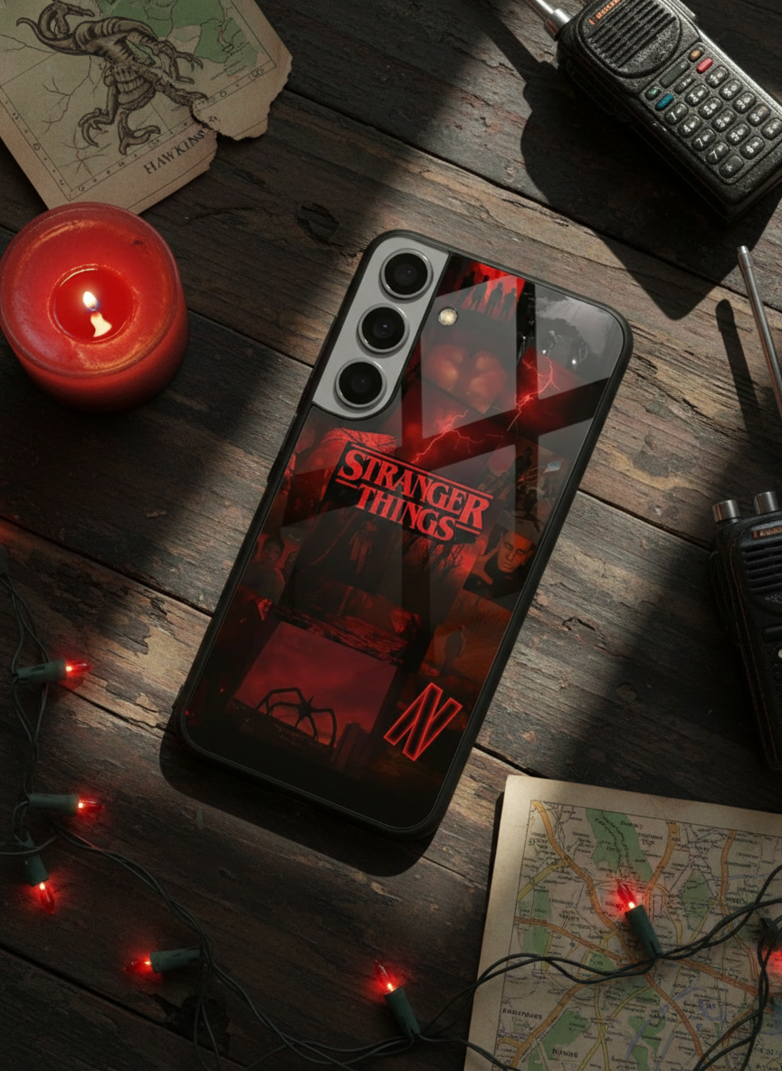 STRANGER THINGS- Red Realm Edit Premium Glass Back Cover For Galaxy S, A, M & F Series