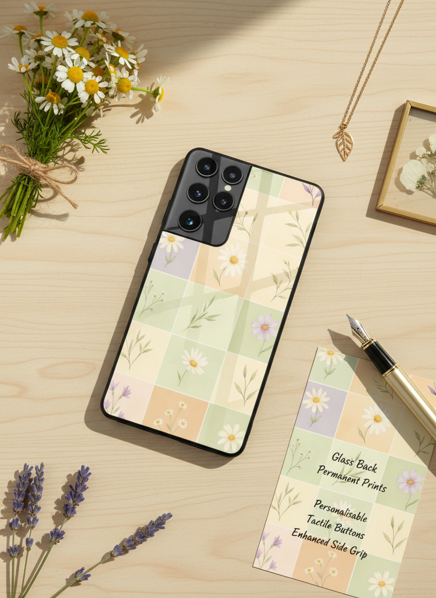 Sage Check Premium Glass Back Cover For Galaxy S, A, M & F Series