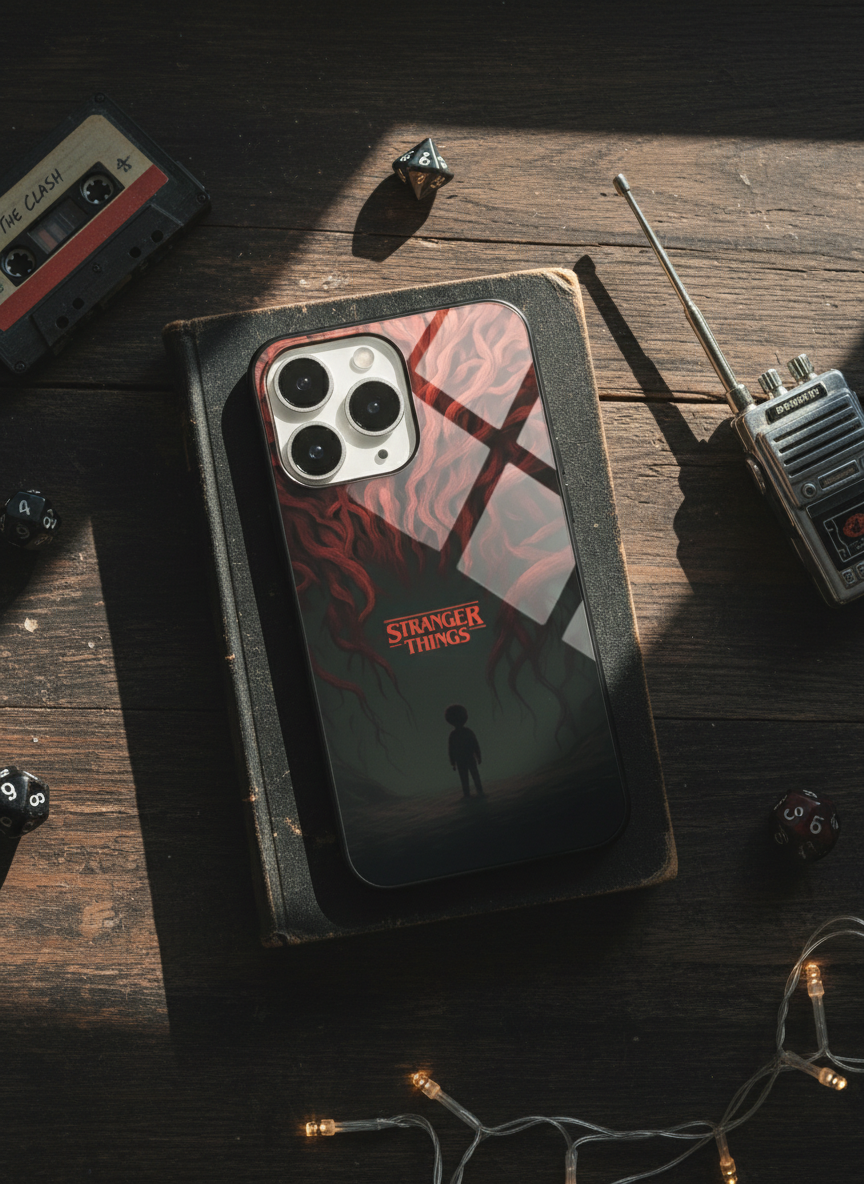 STRANGER THINGS- Stranger Dark Roots Premium Glass Back Cover For iPhone 11-17 Models
