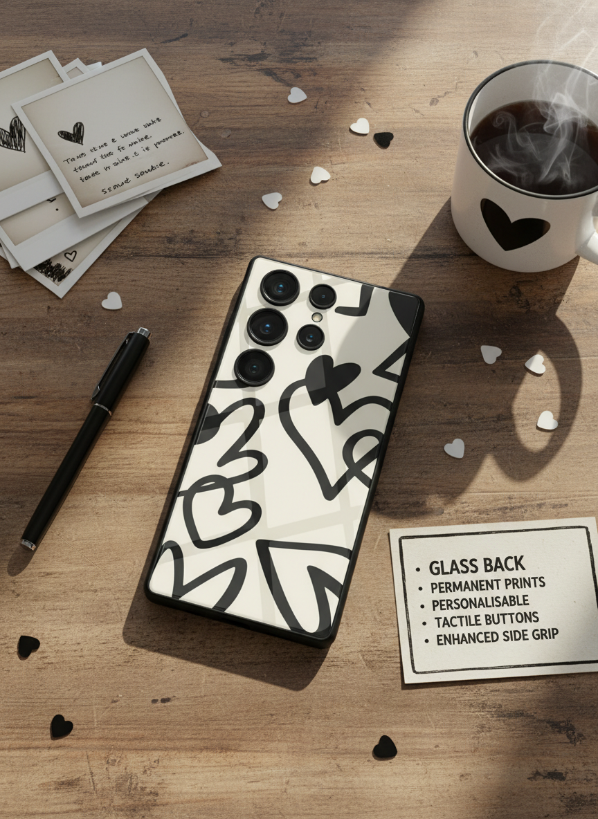 Black Heart Beut Premium Glass Back Cover For Galaxy S, A, M & F Series