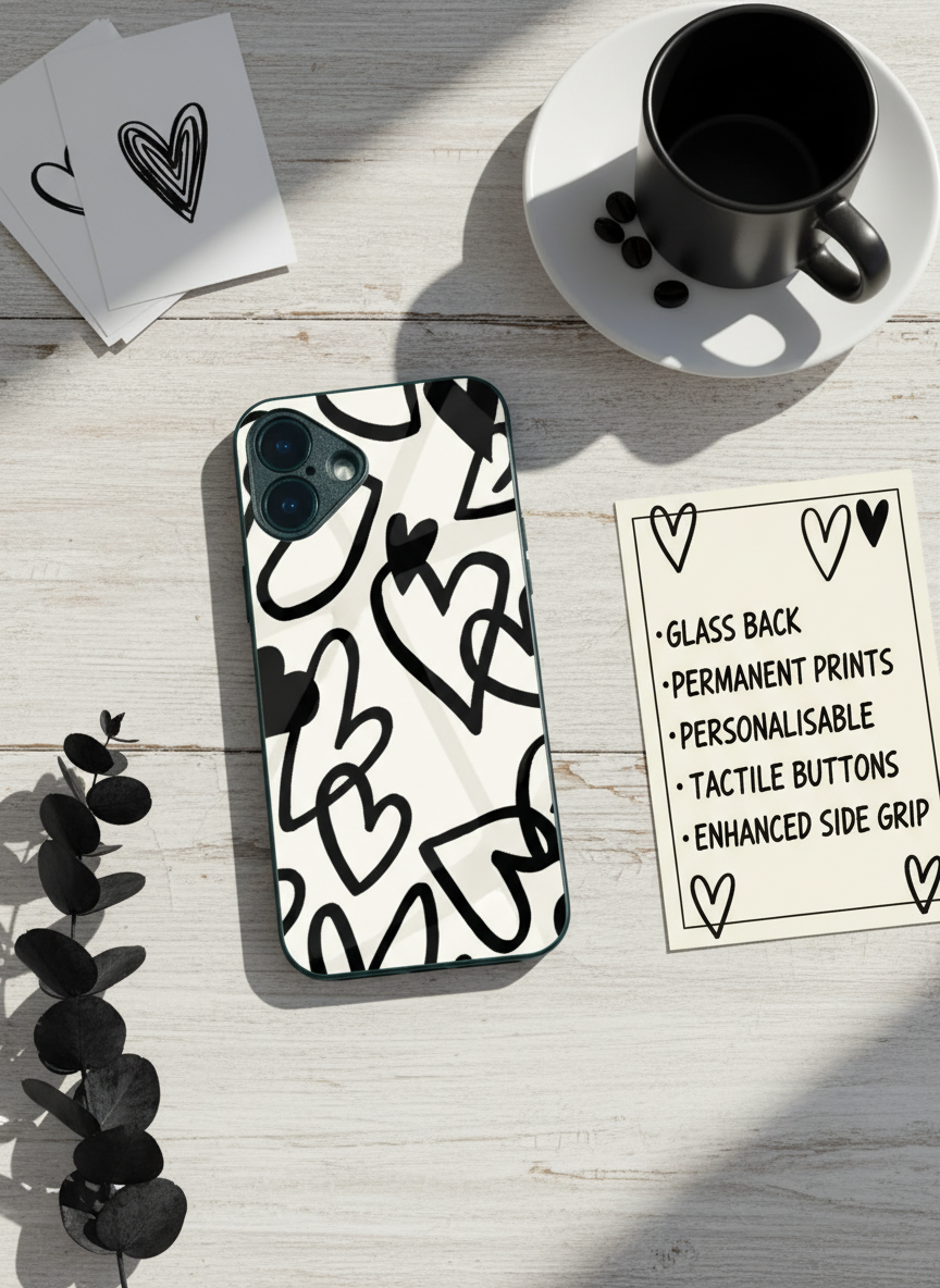 Black Heart Premium Glass Back Cover For iPhone 11-17 Models