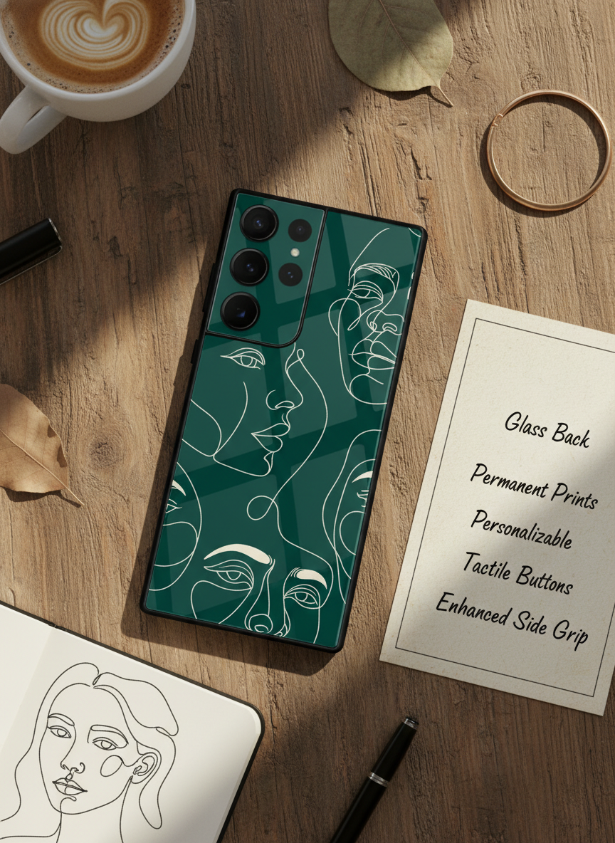 Line Art Lady Premium Glass Back Cover For Galaxy S, A, M & F Series