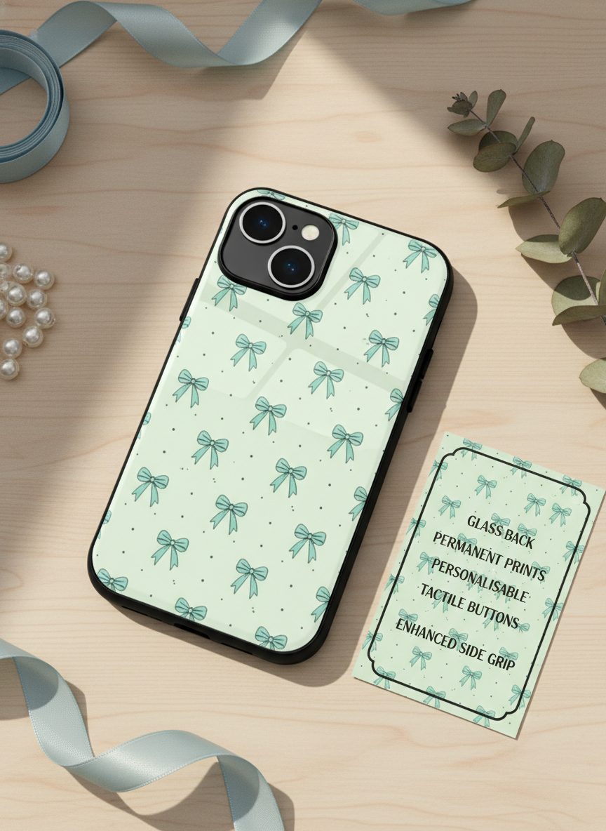Aesthetic Green Bows Premium Glass Back Cover For iPhone 11-17 Models