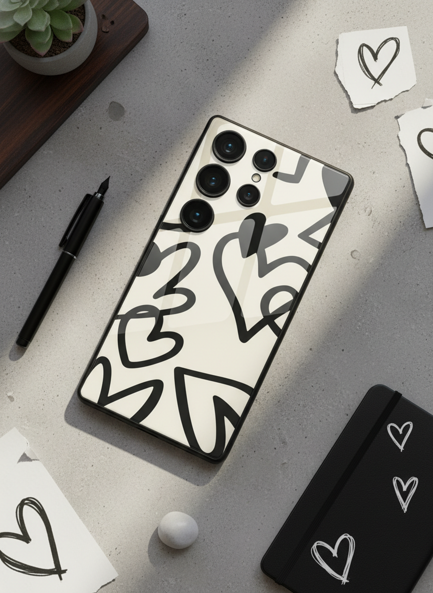 Black Heart Beut Premium Glass Back Cover For Galaxy S, A, M & F Series