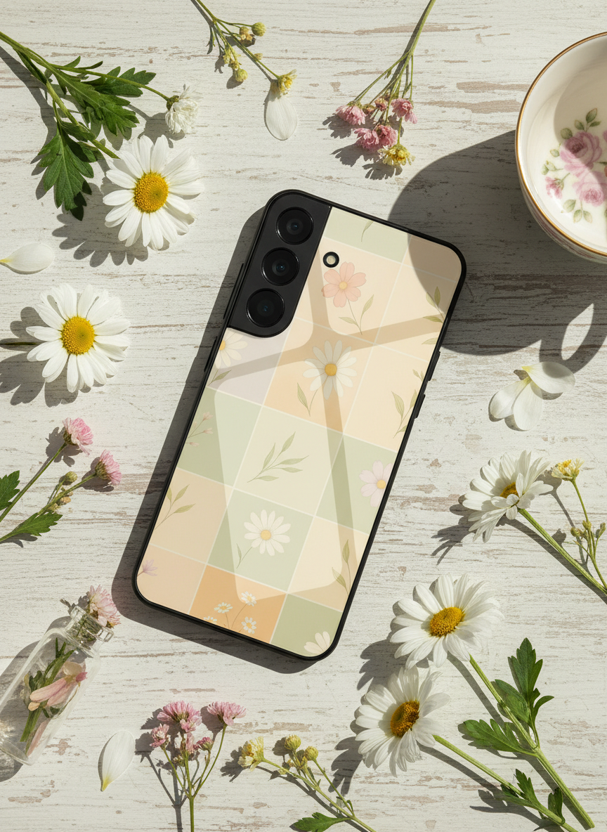 Sage Check Premium Glass Back Cover For Galaxy S, A, M & F Series