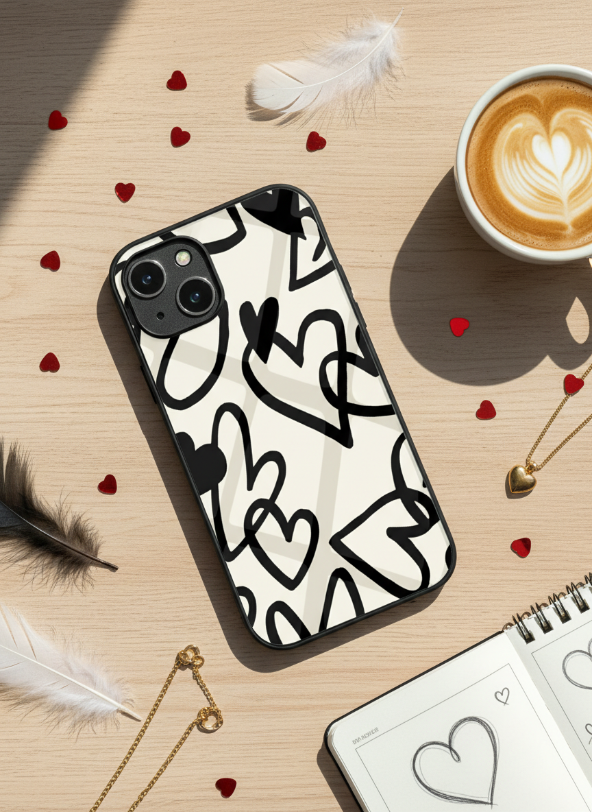 Black Heart Premium Glass Back Cover For iPhone 11-17 Models