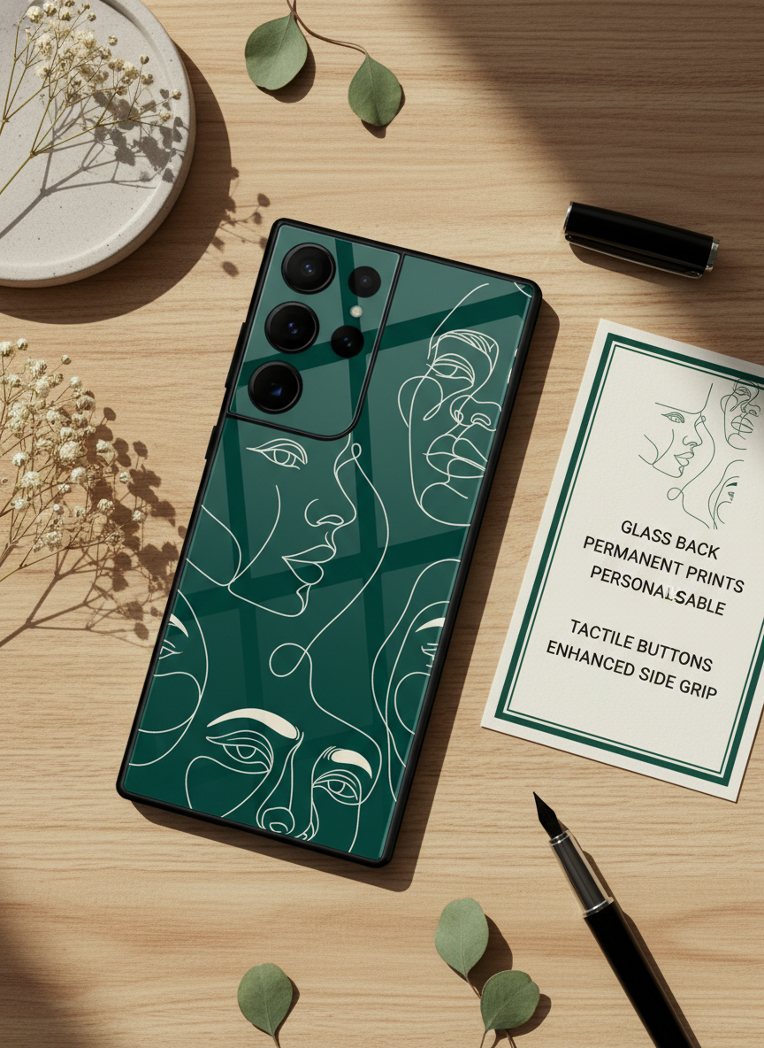 Line Art Lady Premium Glass Back Cover For Galaxy S, A, M & F Series