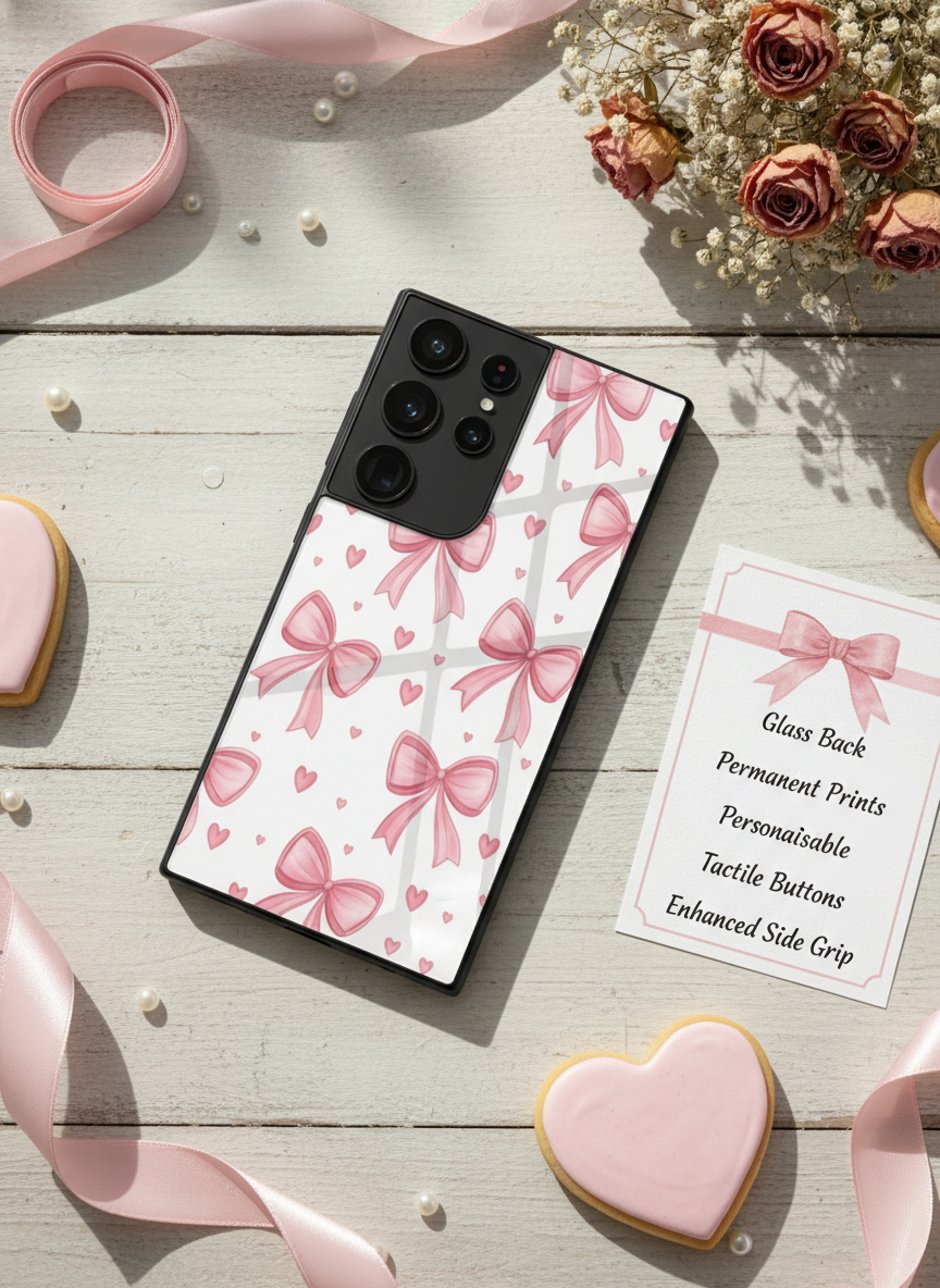 Bow Bliss Premium Glass Back Cover For Galaxy S, A, M & F Series