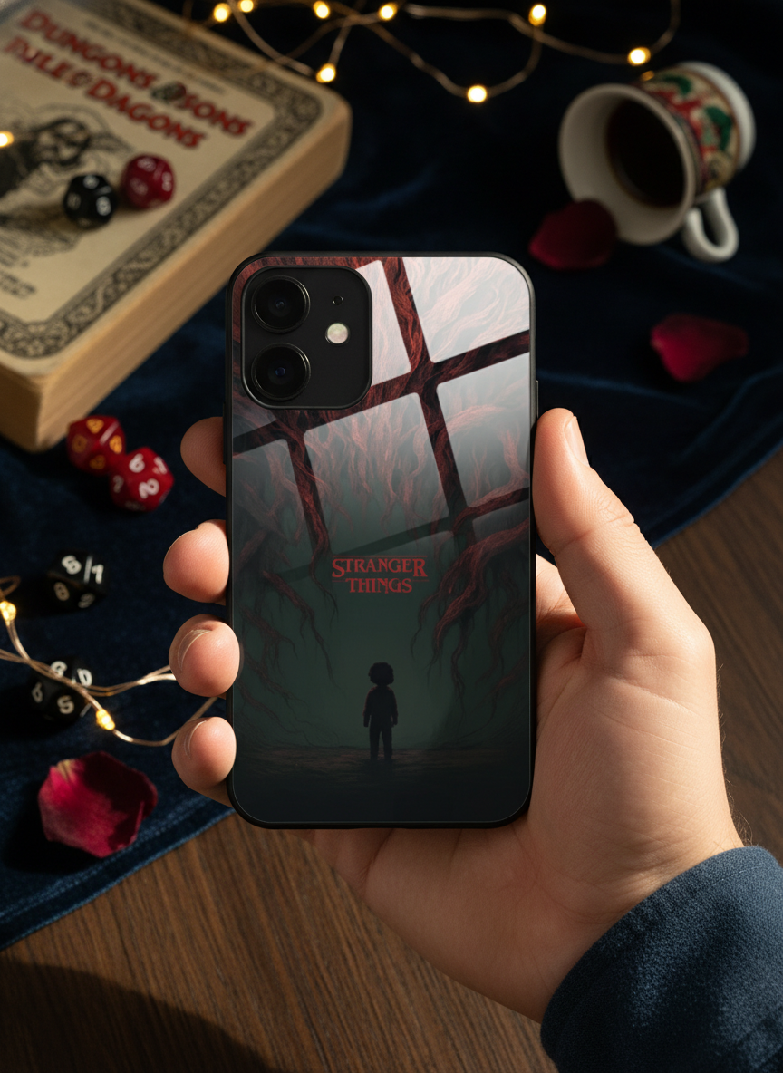 STRANGER THINGS- Stranger Dark Roots Premium Glass Back Cover For iPhone 11-17 Models