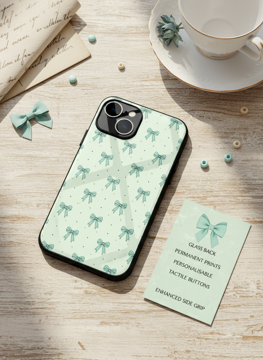 Aesthetic Green Bows Premium Glass Back Cover For iPhone 11-17 Models