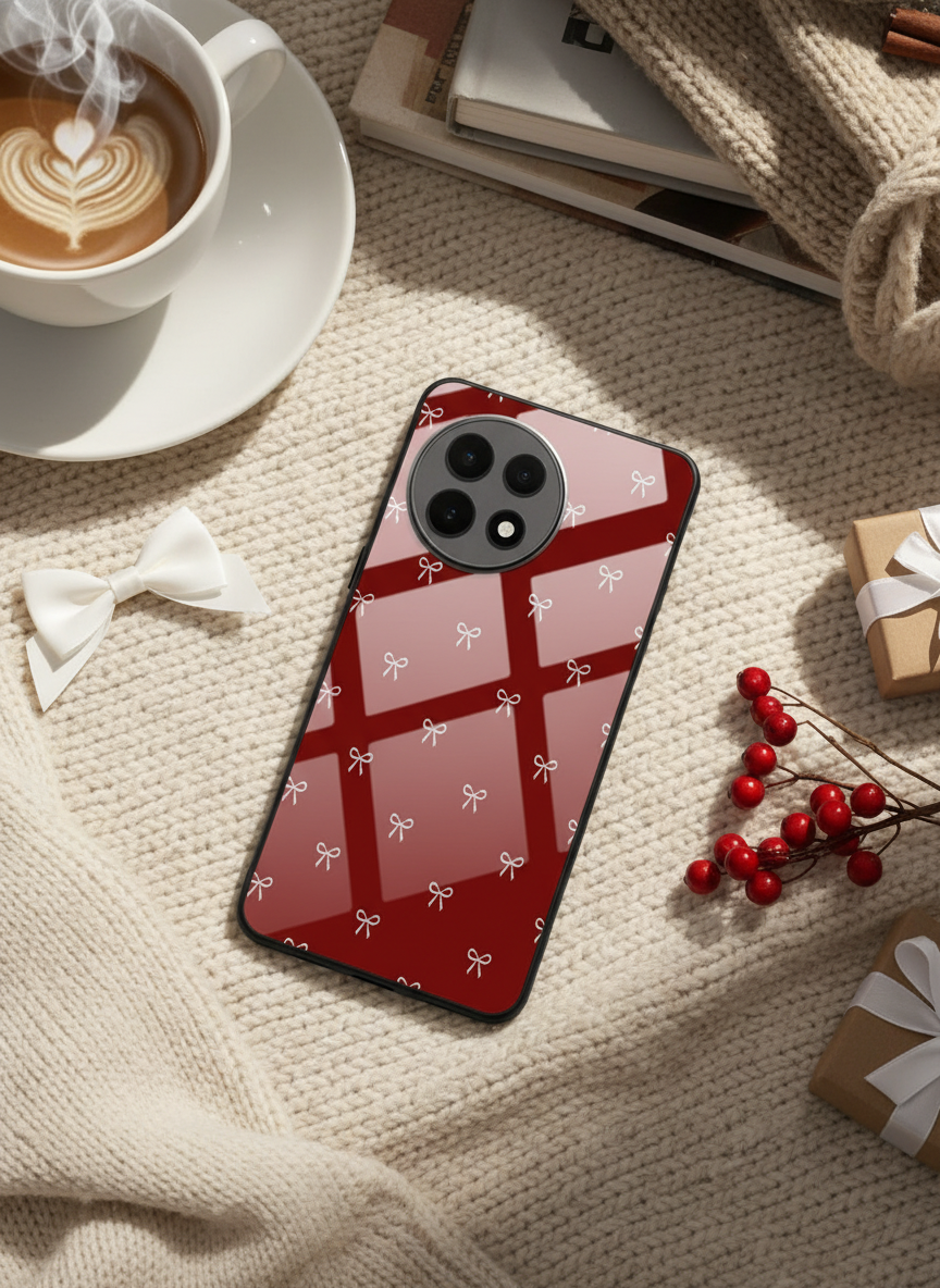 Red Bow Beaut Premium Glass Back Cover For One Plus 13, 12, 11, 10, Nord Series