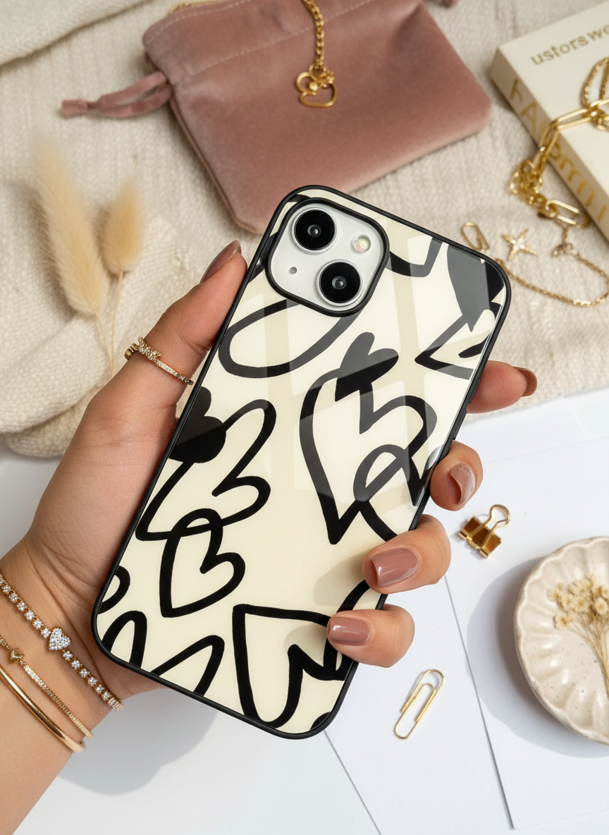 Black Heart Premium Glass Back Cover For iPhone 11-17 Models