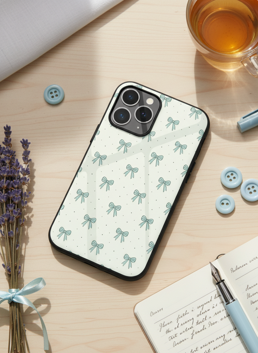 Aesthetic Green Bows Premium Glass Back Cover For iPhone 11-17 Models