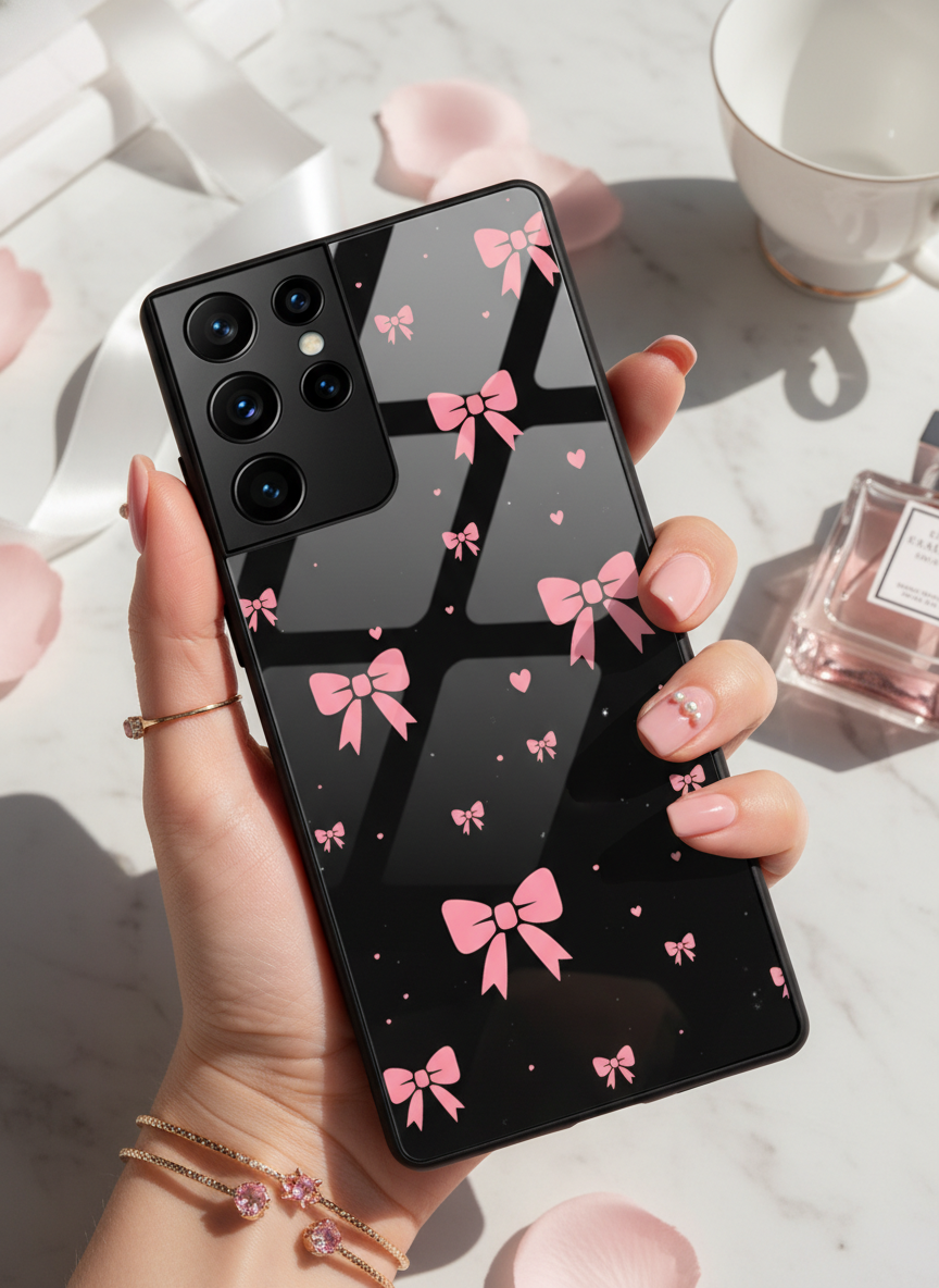 Dark Aesthetic Bows Premium Glass Back Cover For Galaxy S, A, M & F Series